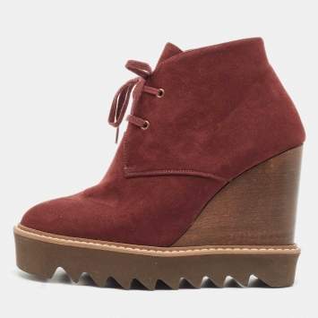 Pre Owned Stella McCartney Burgundy Faux Suede Leana Wedge Boots Size 37