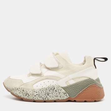 Pre Owned Stella McCartney Cream/White Faux Suede And Faux Leather Eclypse Velcro Strap Sneakers Size 38 