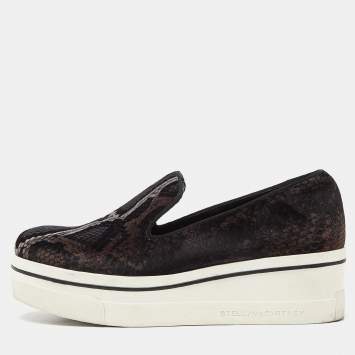 Pre Owned Stella McCartney Brown/Black Velvet Binx Star Platform Slip On Sneakers Size 37