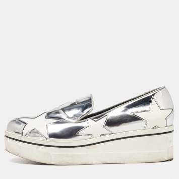 مملوكة مسبقًا Stella McCartney White/Silver Faux Leather Star Platform Binx Slip On Sneakers Size 40