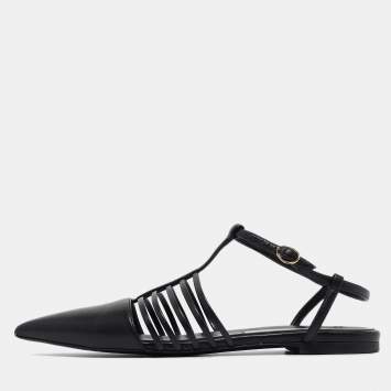 Pre Owned Stella McCartney Black Faux Leather Ankle Strap Ballet Flats Size 37