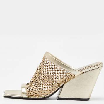 Pre Owned Stella McCartney Gold Faux Leather Crystal Embellished Slide Sandals Size 38