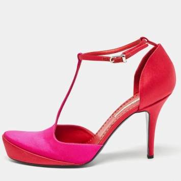 Pre Owned Stella McCartney Pink/Red Satin T-Bar Ankle Strap Pumps Size 38