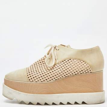 Pre Owned Stella McCartney Two Tone Beige Woven Faux Leather  Elyse Platform Derby Sneakers Size 38