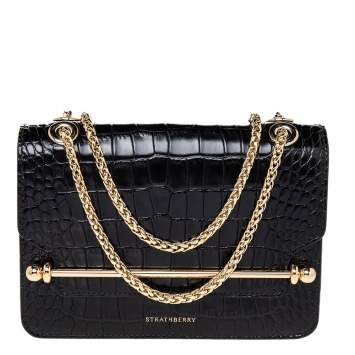 Pre Owned Strathberry Black Croc Embossed Leather Mini East/West Crossbody Bag