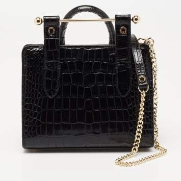 Pre Owned Strathberry Black Croc Embossed Leather Nano Tote