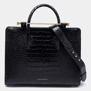 Pre Owned Strathberry Black Croc Embossed Leather Midi Tote 