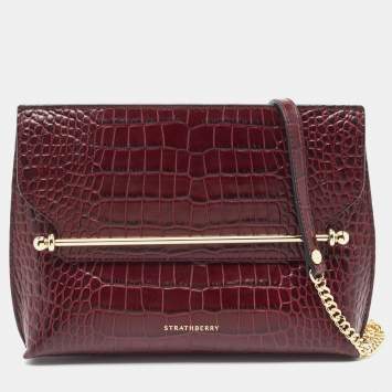 Pre Owned Strathberry Burgundy Croc Embossed Leather Stylist Shoulder Bag