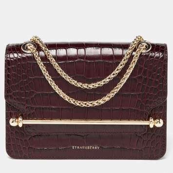 Pre Owned Strathberry Burgundy Croc Embossed Leather Mini East/West Shoulder Bag
