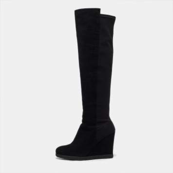 Pre Owned Stuart Weitzman Black Fabric and Suede Knee Length Boots Size 38