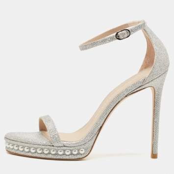 Pre Owned Stuart Weitzman Silver Glitter Nudistchains Ankle Strap Sandals Size 39