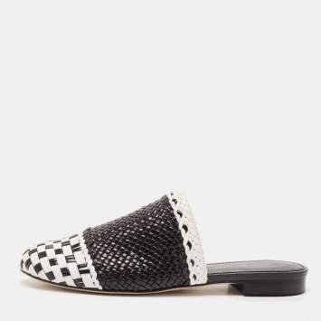 Pre Owned Stuart Weitzman Black/White Woven Leather Indiana Flat Mules Size 36
