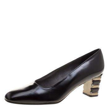 Pre Owned Stuart Weitzman Black Leather Tiered Heel Pumps Size 38.5