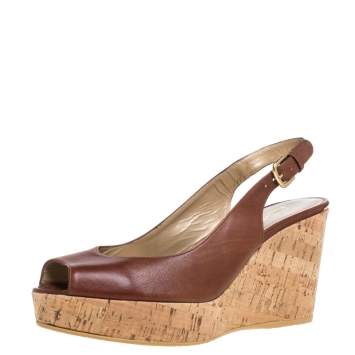 Pre Owned Stuart Weitzman for Russell & Bromley Brown Leather Cork Wedge Platform Slingback Sandals Size 38