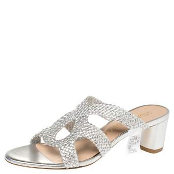 Pre Owned Stuart Weitzman Silver Leather The Sarita Sandals Size 37.5