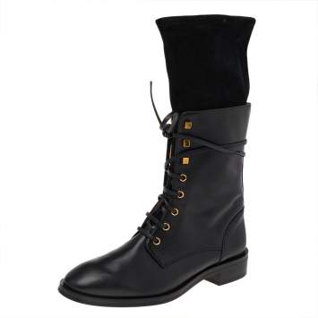 Pre Owned Stuart Weitzman Black Suede And Leather Mid Calf Length Boots Size 40