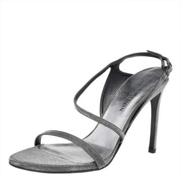 Pre Owned Stuart Weitzman Metallic Grey Glitter Ankle Strap Sandals Size 41