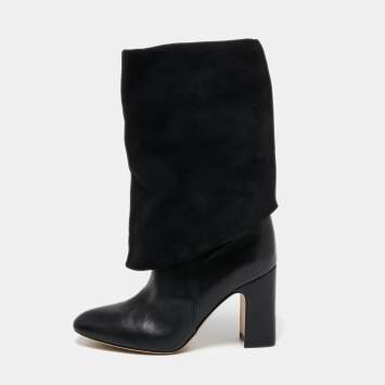 Pre Owned Stuart Weitzman Black Leather and Suede Lucinda Fold-over Boots  Size 38