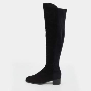 Pre Owned Stuart Weitzman Black Suede And Fabric Knee Length Boots Size 38.5