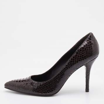 Pre Owned Stuart Weitzman Dark Brown Python Embossed Patent Leather Pointed Toe Pumps Size 39.5