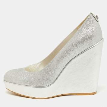 Pre Owned Stuart Weitzman Silver Leather and Glitter Wedge Pumps Size 40