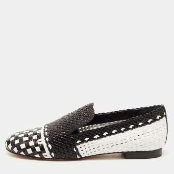 Pre Owned Stuart Weitzman Black/White Woven Leather Riviera Smoking Slippers Size 35