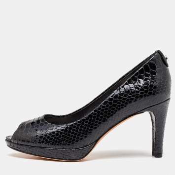 Pre Owned Stuart Weitzman Black Python Embossed Leather Peep Toe Pumps Size 36.5