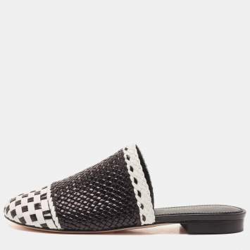 Pre Owned Stuart Weitzman Black/White Woven Leather Indiana Slide Mules Size 36