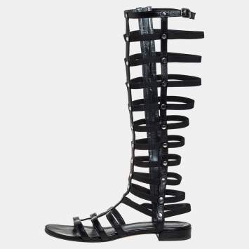 Pre Owned Stuart Weitzman Black Leather and Elastic Gladiator Flat Sandals Size 37.5