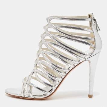 Pre Owned Stuart Weitzman Metallic Silver Leather Crystal Embellished Strappy Sandals Size 39.5