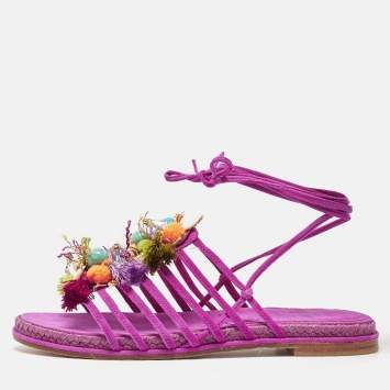 Pre Owned Stuart Weitzman Pink Suede Embellished Lace Up Slide Flats Size 36