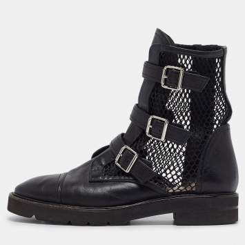Pre Owned Stuart Weitzman Black Leather and Mesh Buckle Boots Size 42