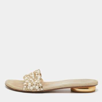 Pre Owned Stuart Weitzman Beige Textured Suede Studded Thong Slides Size 41