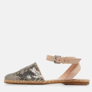 Pre Owned Stuart Weitzman Silver/Beige Metal and Leather Colorblock Espadrilles Size 38