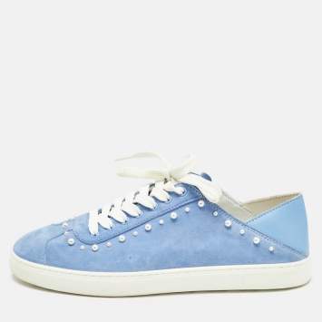 Pre Owned Stuart Weitzman Blue Suede Pear Embellished Lace Up Sneakers Size 39.5