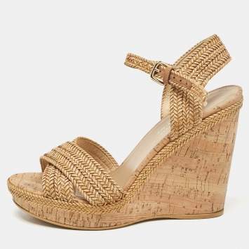 Pre Owned Stuart Weitzman Beige Raffia Cork Wedge Sandals Size 39.5