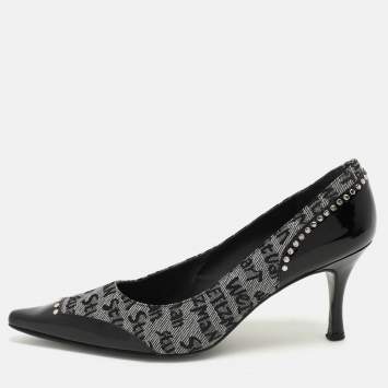 Pre Owned Stuart Weitzman Black/Grey Signature Canvas and Patent Leather Embellished Pumps Size 39.5