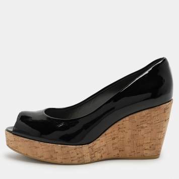 Pre Owned Stuart Weitzman Black Patent Leather Cork Wedge Pumps Size 40