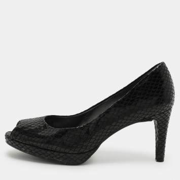 Pre Owned Stuart Weitzman Black Python Embossed Leather Peep Toe Pumps Size 39.5