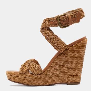 Pre Owned Stuart Weitzman Beige Leather and Raffia Braided Platform Wedge Sandals Size 39.5