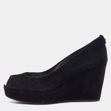 Pre Owned Stuart Weitzman Black Suede Peep Toe Wedge Pumps Size 39