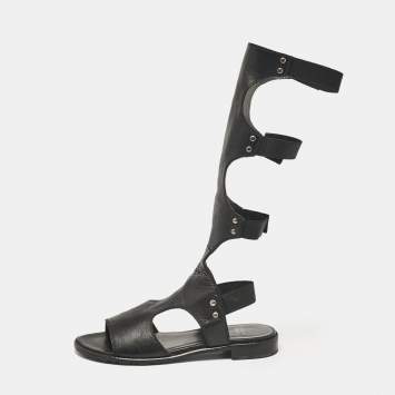 Pre Owned Stuart Weitzman Black Leather Backview Flat Sandals Size 38.5