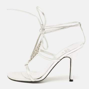 Pre Owned Stuart Weitzman Silver Leather Crystal Embellished Ankle Strap Sandals Size 35.5