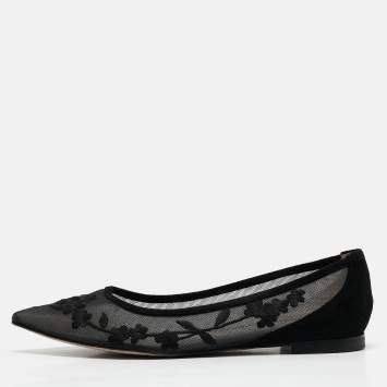 Stuart Weitzman Black Embroidered Mesh and Suede Pointed Toe Ballet Flats Size 39.5