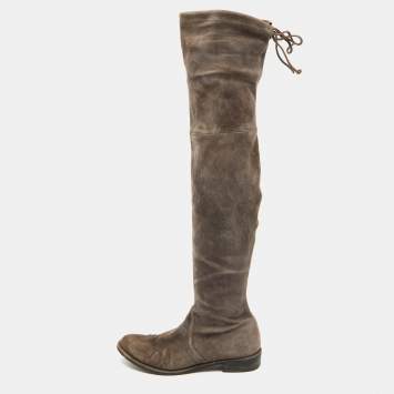Pre Owned Stuart Weitzman Grey Suede Over The Knee Boots Size 37