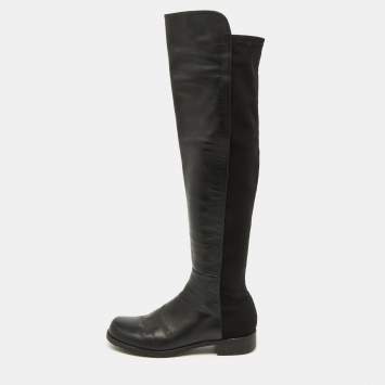 Pre Owned Stuart Weitzman Black Leather and Fabric Knee Length Boots Size 37.5