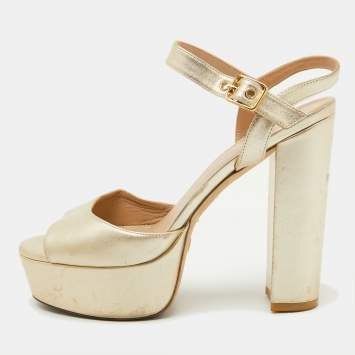 Pre Owned Stuart Weitzman Gold Leather Ankle Strap Platform Sandals Size 39.5