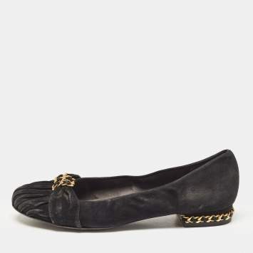 Stuart Weitzman Black Suede Chain Embellished Ballet Flats Size 37