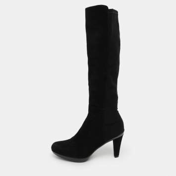 Pre Owned Stuart Weitzman Black Faux Suede and Stretch Fabric Knee Length Boots Size 35.5