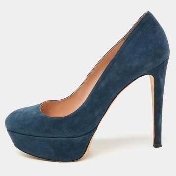 Stuart Weitzman Navy Blue Suede Platform Pumps Size 38.5